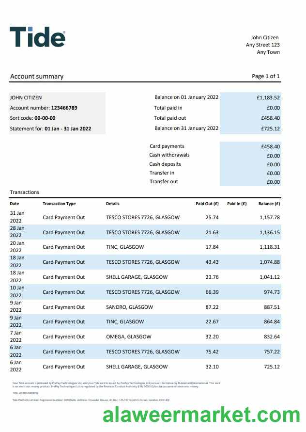 United Kingdom Tide bank statement, Excel and PDF template